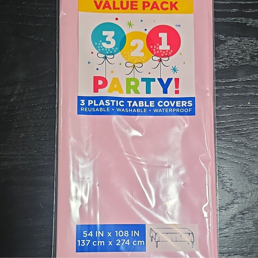 321 Party! Pink Plastic Tablecloth 54 x 108 in 3 Pack Reusable Waterproof B7